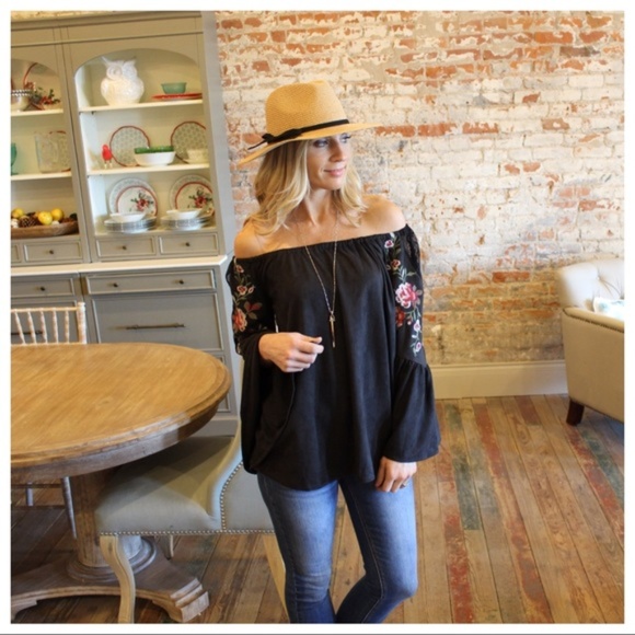 Black Embroidered faux suede off shoulder tunic - Picture 3 of 3